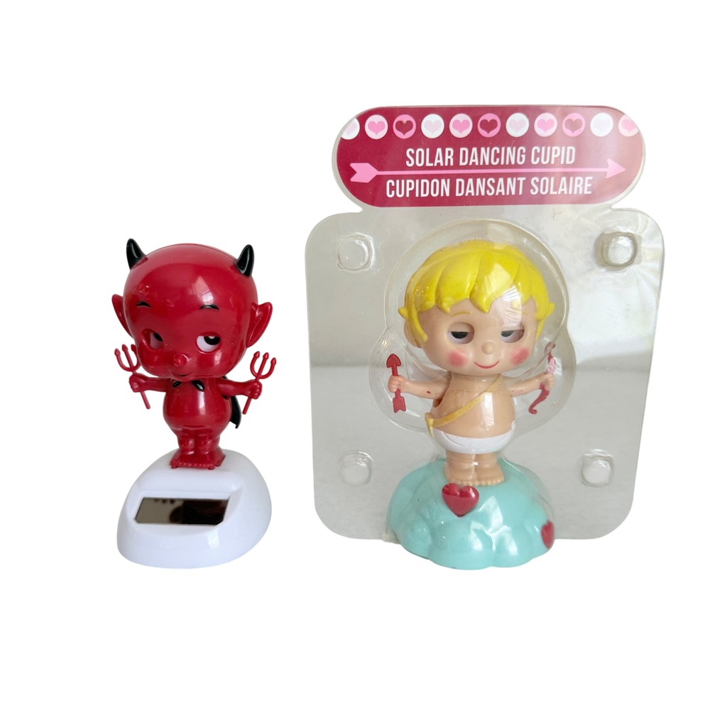 Solar Dancing Cupid and Devil Figurines Red White Valentine Decor Set